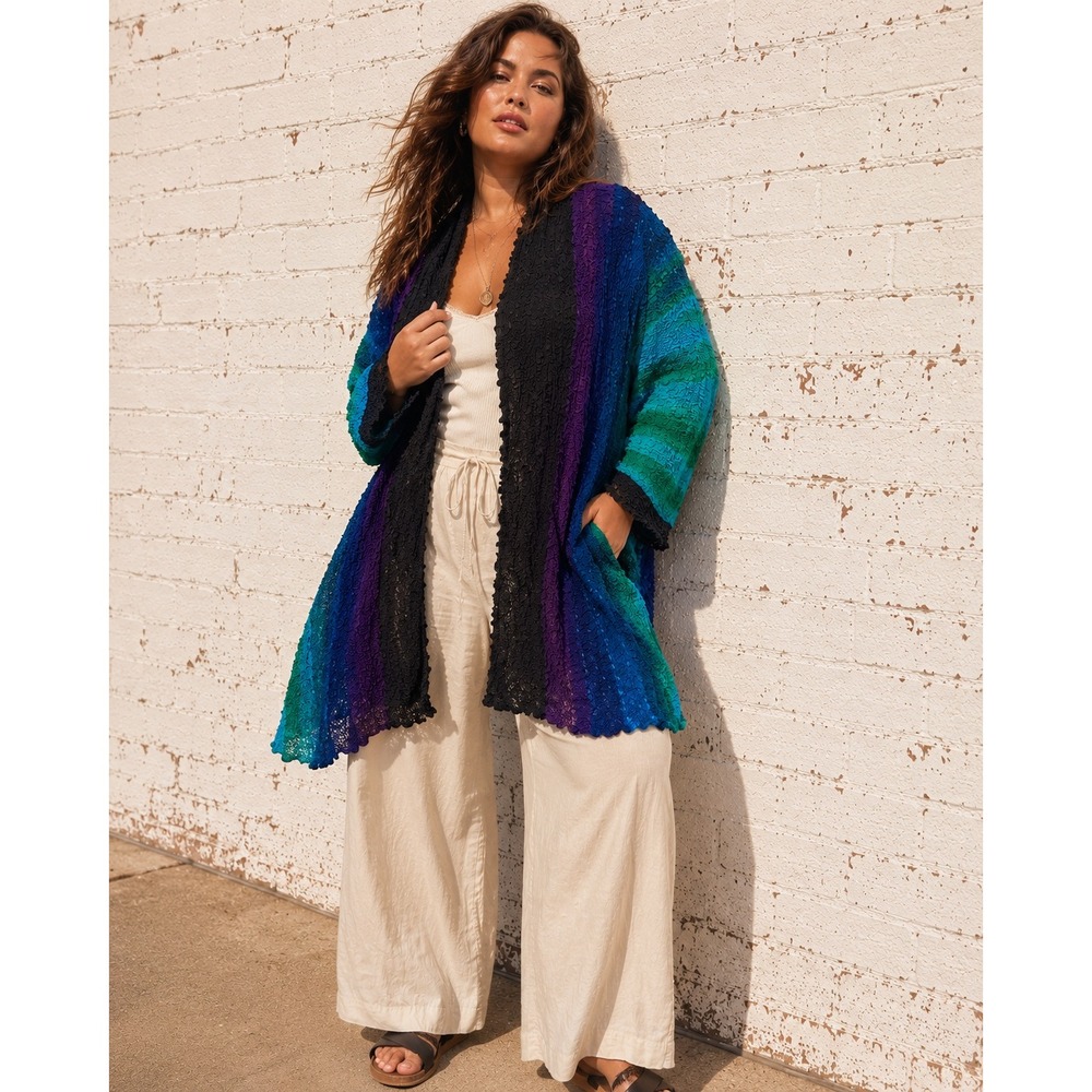 Vintage Y2K Popcorn Cardigan Magic Bubble Colorblock Duster Jacket Stretch OS